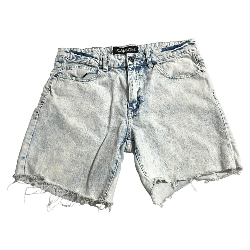 Carbon Womens Jean Shorts 32 Mid Rise Zip Fly Homemade Denim Shorts Acid Wash